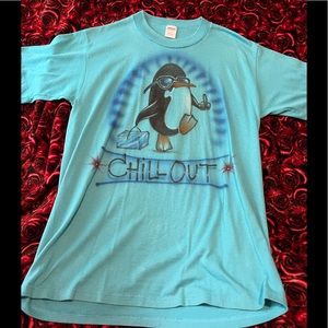 Men’s Vintage Airbrush Penguin Blue Tee Shirt Size Large
